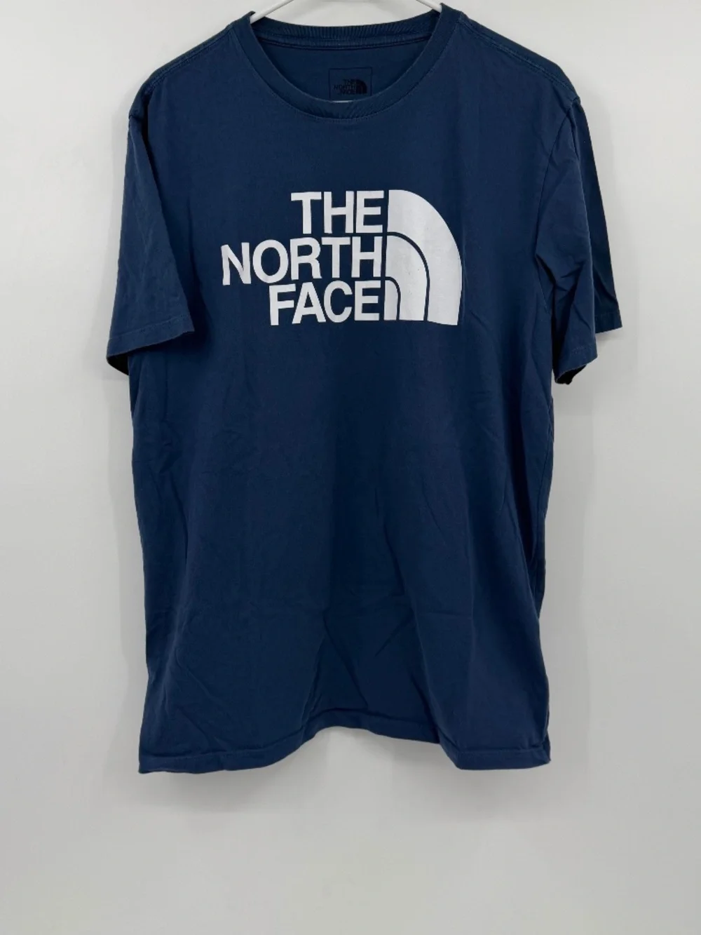 North Face T Shirt Men Large Blue Short Sleeve Cotton Crew Neck Logo Spell Out